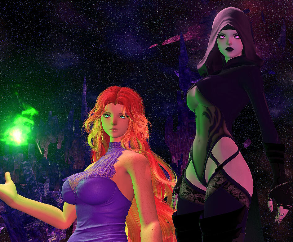 Raven fighting alongside Starfire during their teenage years.